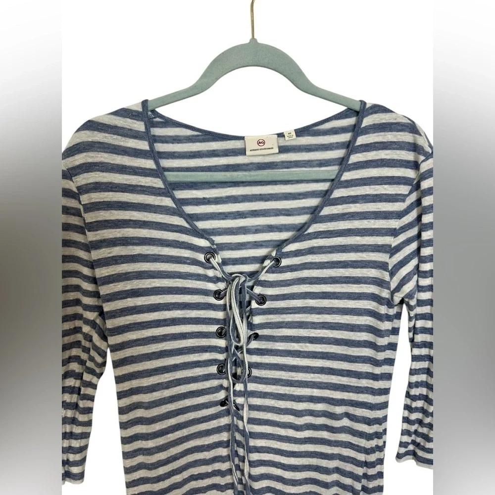 Ag Adriano Goldschmied Linen Blue Striped Lace Up Claude Maxi Dress Size XS - Picture 4 of 15